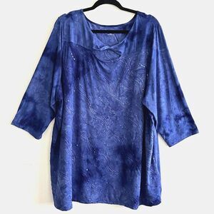 Catherines Sequins Peakaboo Twist Neckline Top Tie-Dye Blue‎ 3/4 Sleeve Size 3X